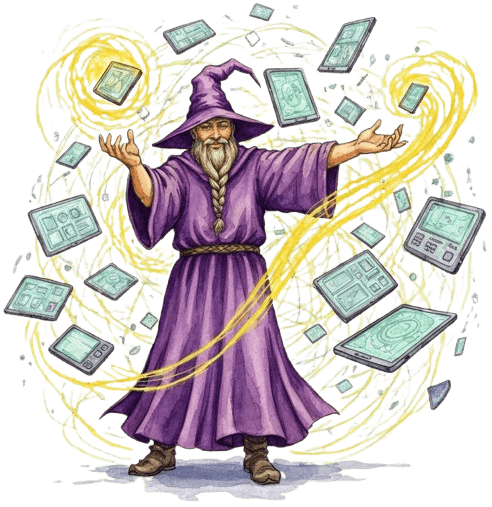 Wizard standing next to floating tablets and electronics