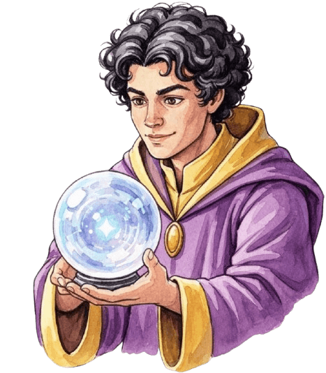 Young wizard looking into a crystal ball