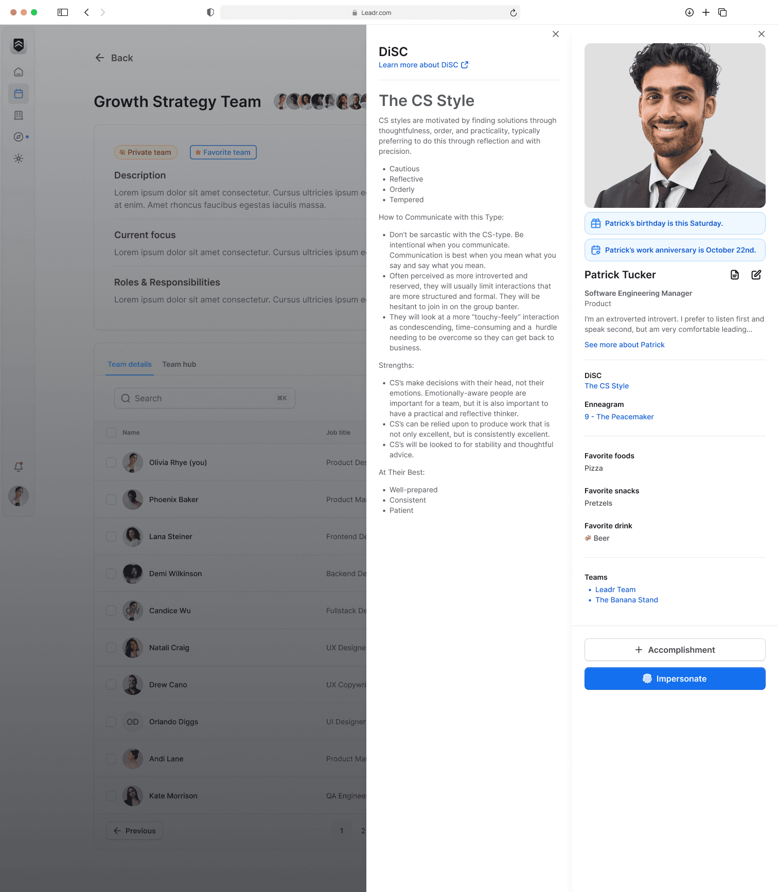 User profile drawer showing personality insights, team memberships and private notes