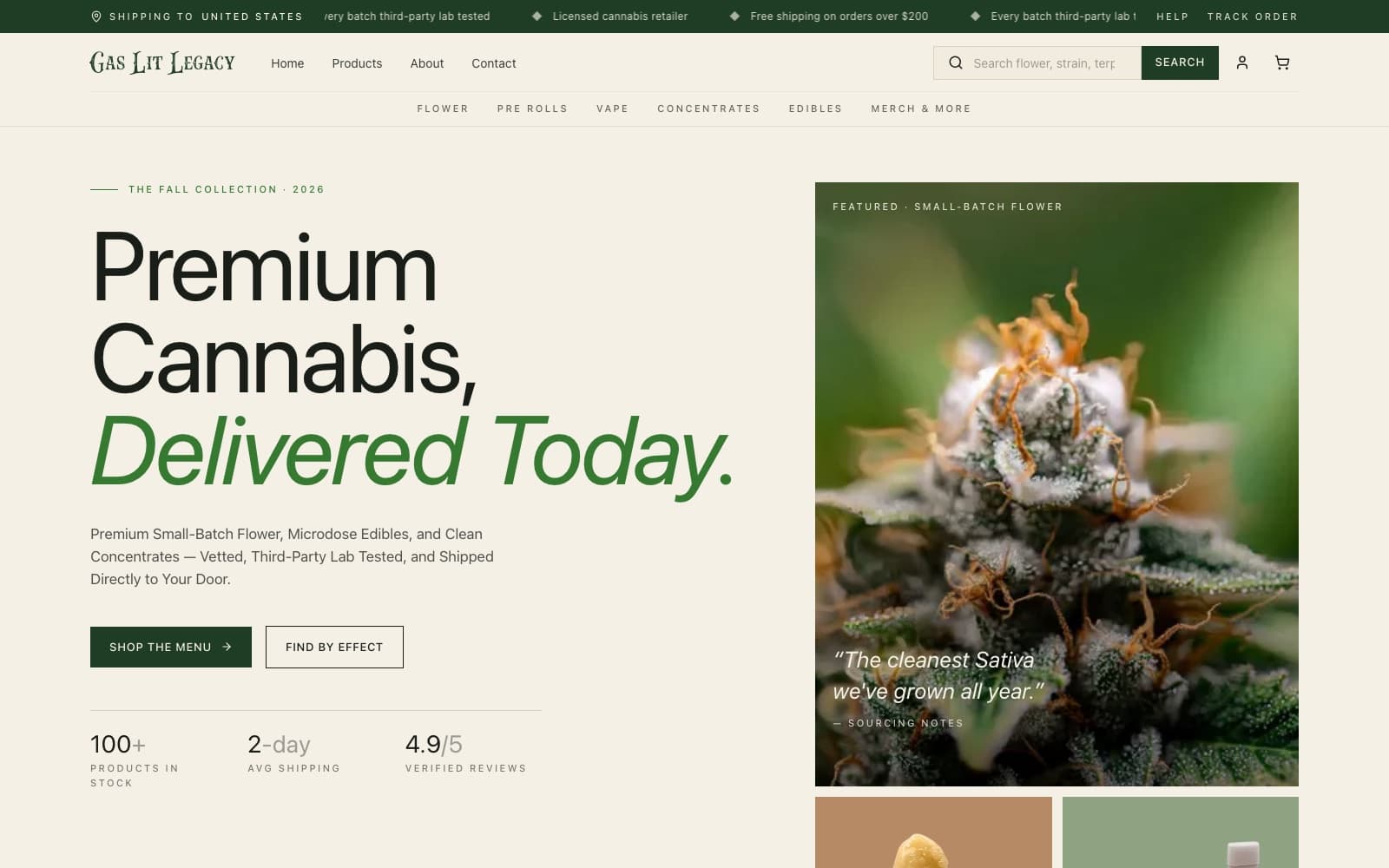 Gas Lit Legacy homepage after the 2026 redesign, with the fall collection hero and featured flower