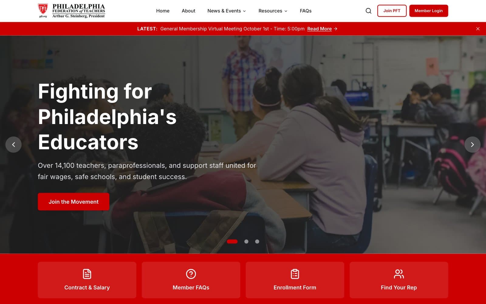 PFT homepage with the breaking-news banner, a hero carousel and quick links to the contract, FAQs, enrollment and Find Your Rep