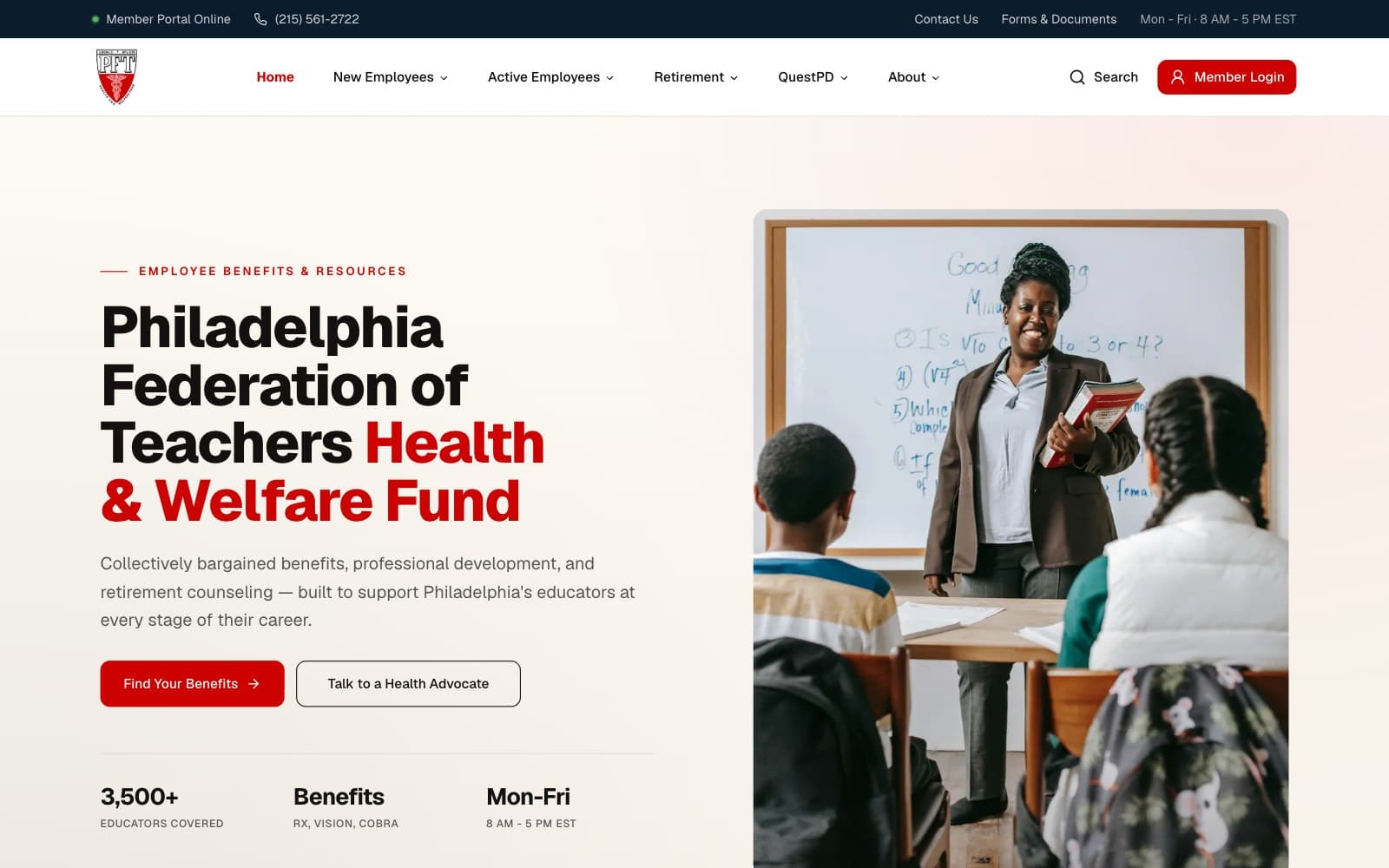 PFT Health & Welfare Fund homepage with the benefit menus, a Member Login button and a welcome section with a classroom photo