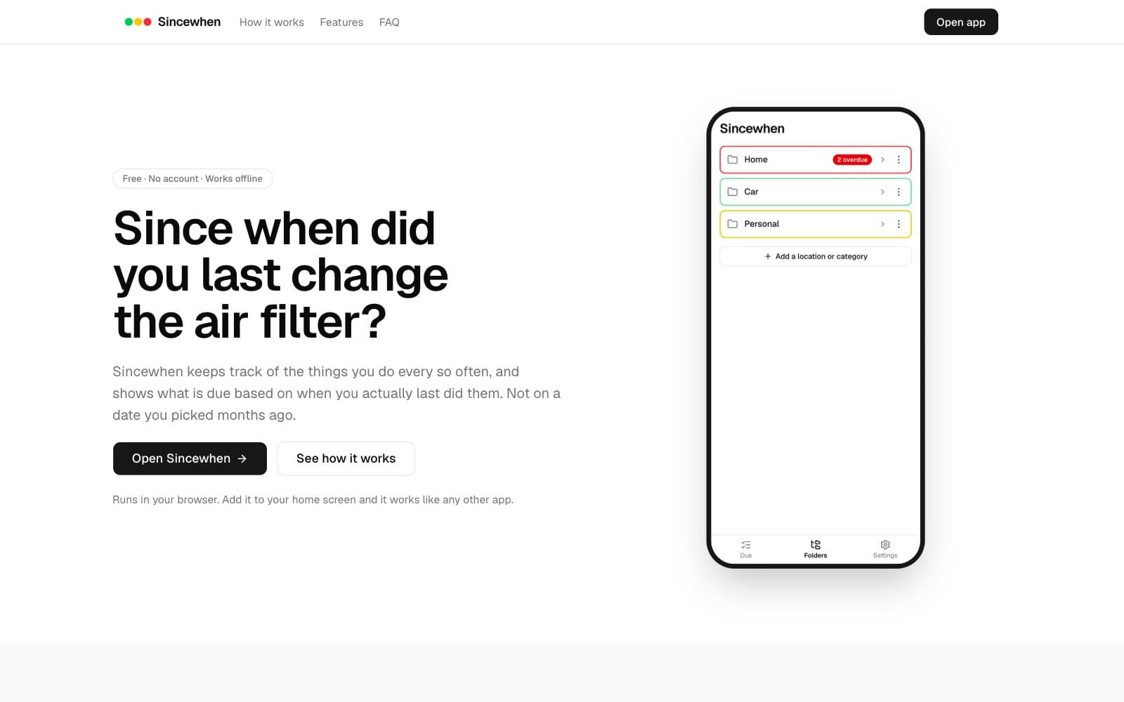 Sincewhen landing page asking "Since when did you last change the air filter?" beside a phone showing three color-coded folders